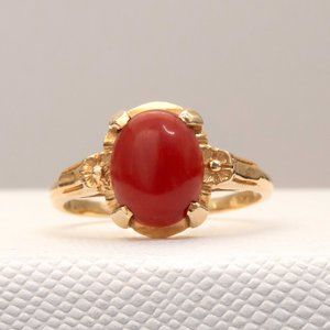 Vintage Red Coral 14K Yellow Gold Ring, Coral Gemstone Ring, Fine Jewelry Gift